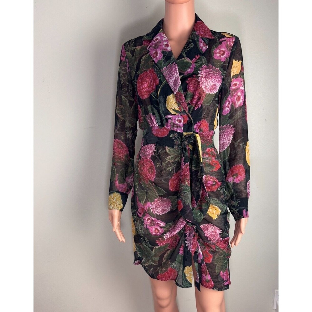 Rachel Roy Dress Small 100%‎ Silk Bright Pink Gray Yellow Sheath Ruching